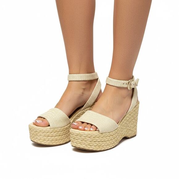 Sam Edelman April Cream Raffia Platform Wedge Sandals Size 9 - Picture 1 of 12